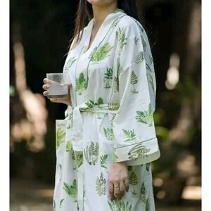 Handprint Duster Robe Women O/S Fern Leaf Cotton Open Front Boho Kimono W/ Tie